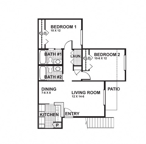 Floor plan for 2 beds, 2 baths, 815 sqft